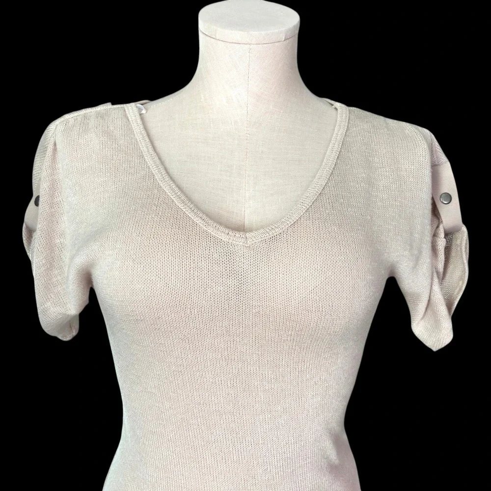 90s DEB Beige Knit Top S Longline Fitted Sweater USA‎ Side Gathered V Neck